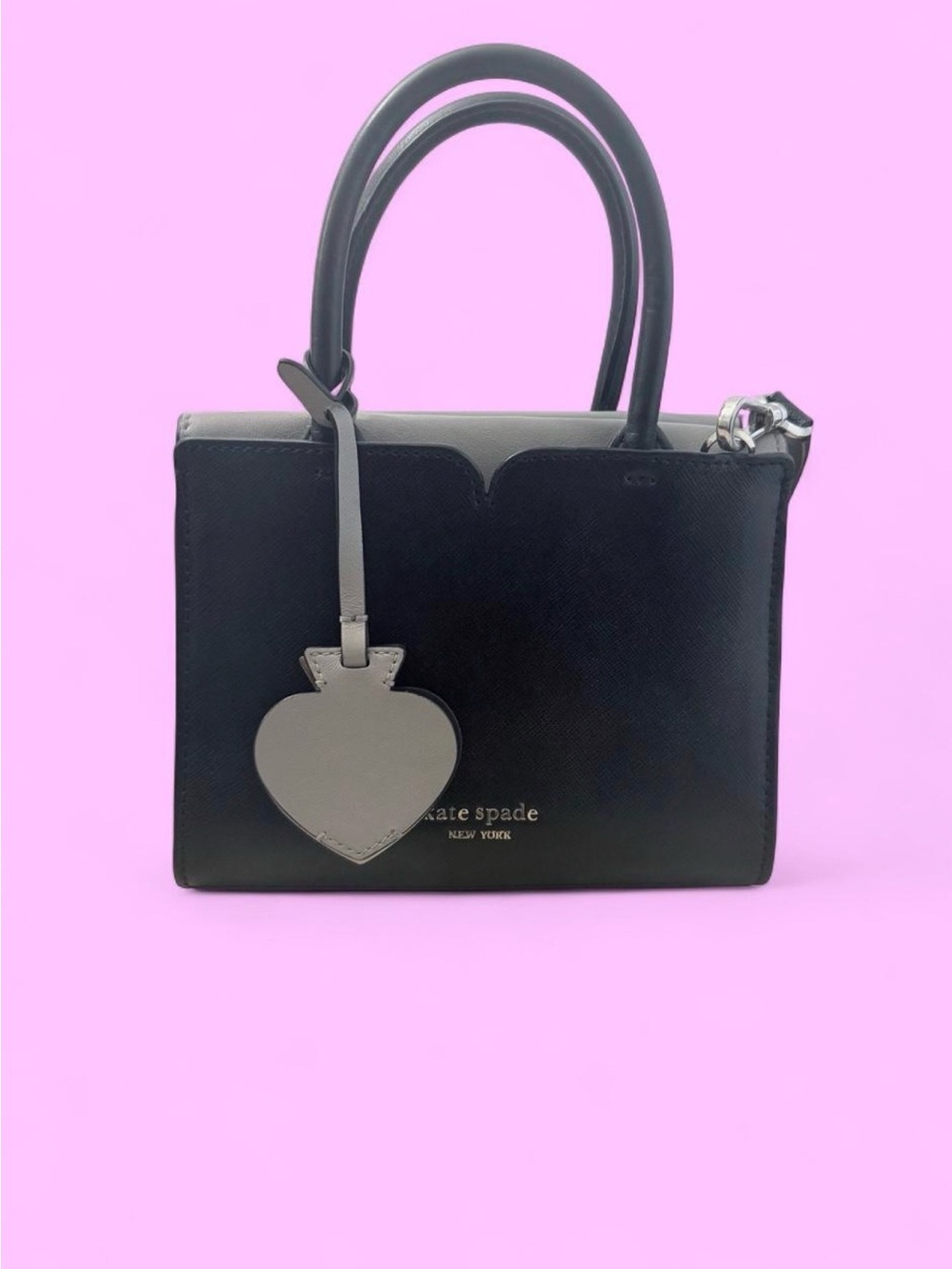 kate spade Black and Taupe Leather Top-Handle Satchel with Heart Mirror Accent